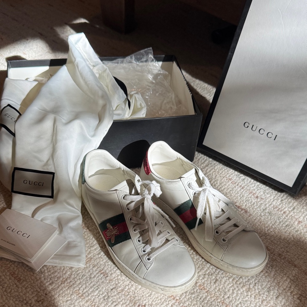 Gucci Ace White Leather Sneakers with Red and Green Accents Gold Bee 37